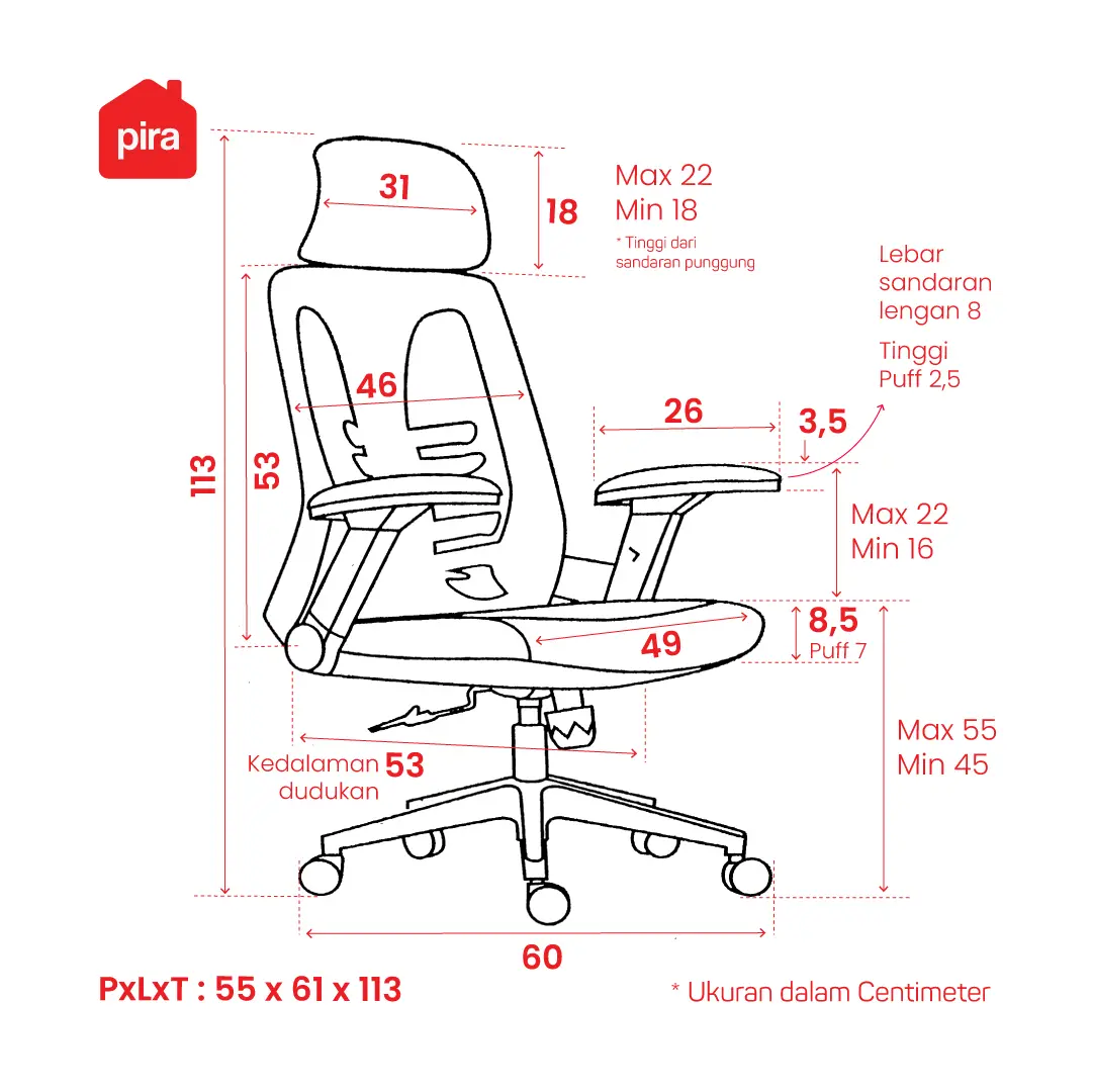 Panduan ukuran WORKDESIGN TANO PC KURSI KANTOR / KURSI KERJA ERGONOMIS DENGAN LUMBAR SUPPORT warna GREY - BLACK - WORKDESIGN