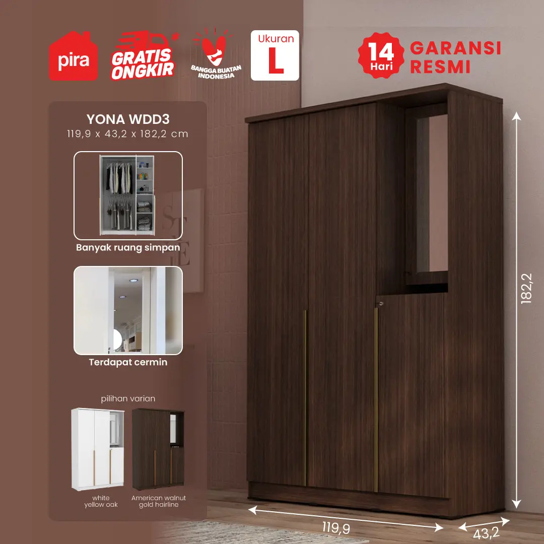PIRA METROPOLIS - YONA WDD 3 LEMARI PAKAIAN 3 PINTU DENGAN KACA RIAS warna AMERICAN WALNUT - GOLD HAIRLINE - PIRA METROPOLIS - foto 1