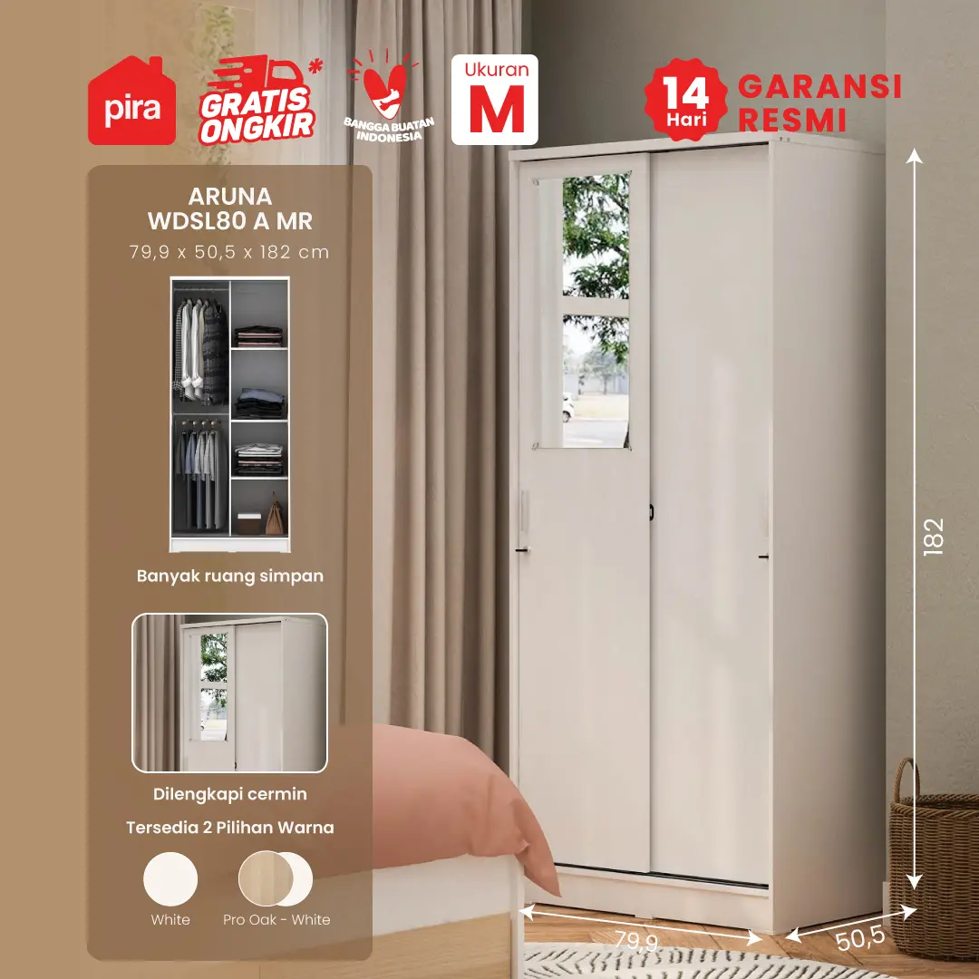 PIRA METROPOLIS OX - ARUNA WDSL80 A MR LEMARI PAKAIAN PINTU GESER / SLIDING warna WHITE - PIRA METROPOLIS OX - foto 1