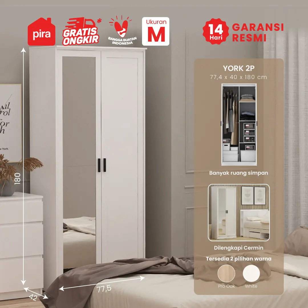 PIRA METROPOLIS - YORK 2P LEMARI PAKAIAN 2 PINTU warna WHITE - PIRA METROPOLIS - foto 1