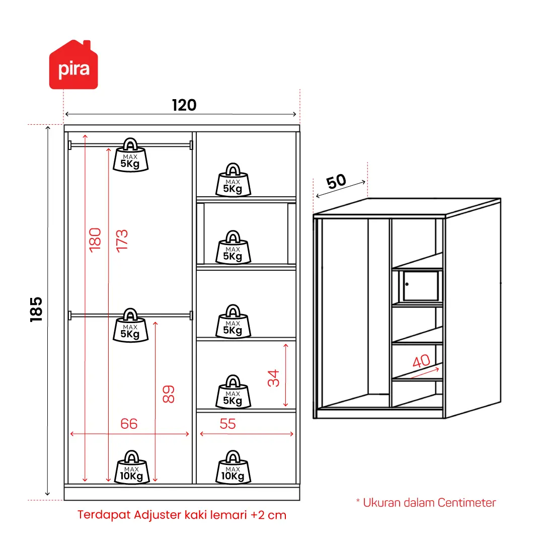 Panduan ukuran PIRA - SCHON 120A N MWDSL LEMARI PAKAIAN BESI SLIDING / PINTU GESER warna WHITE - PIRA