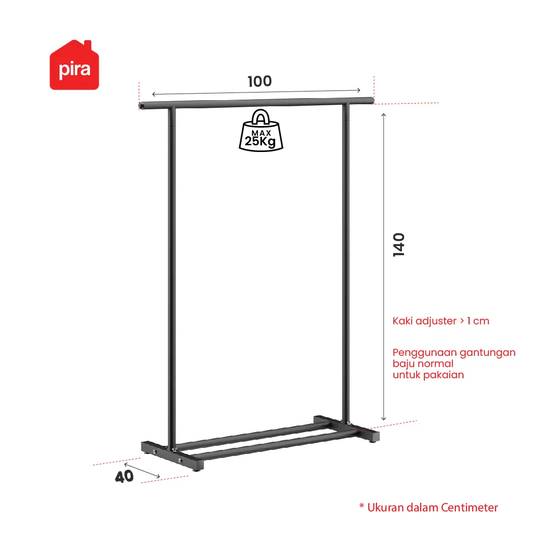 Panduan ukuran PIRA - ATLA CR 100 RAK GANTUNG BAJU / STAND GANTUNGAN / STAND HANGER / RAK BESI warna WHITE - PIRA