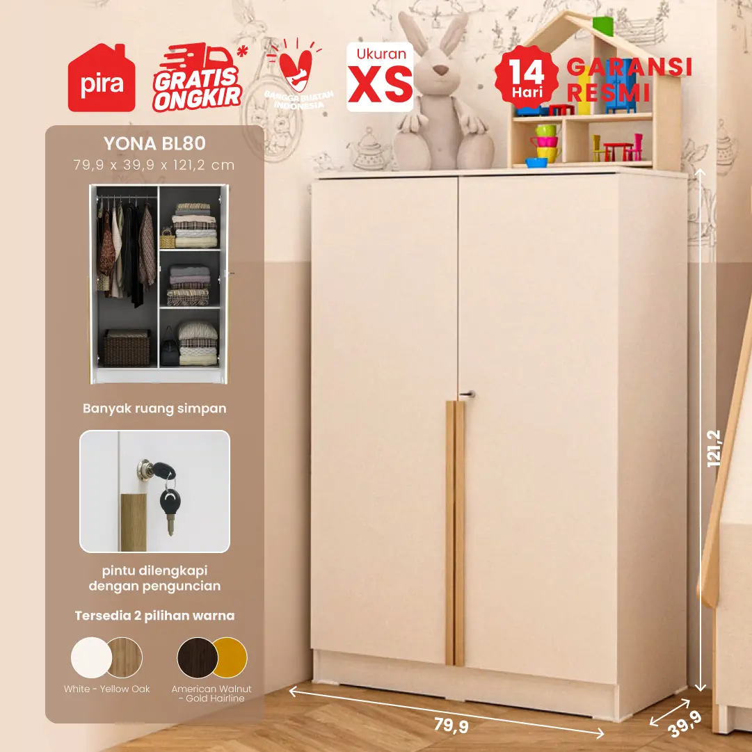 PIRA METROPOLIS -  YONA BL80 LEMARI PAKAIAN KECIL 2 PINTU warna WHITE - YELLOW OAK - PIRA METROPOLIS - foto 1