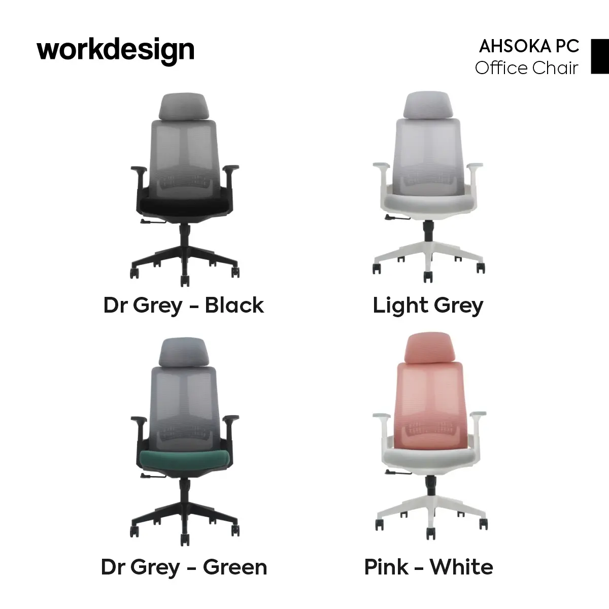 WORKDESIGN AHSOKA PC KURSI KANTOR / KURSI KERJA ERGONOMIS DENGAN SANDARAN KEPALA DAN LUMBAR SUPPORT warna DARK GREY - BLACK - WORKDESIGN - foto 9