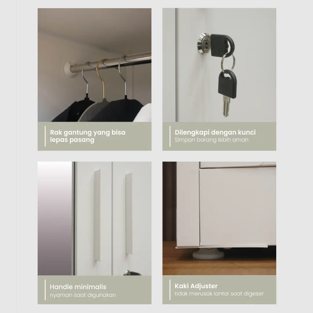 PIRA OX - RALF 3PS MWD LEMARI PAKAIAN BESI 3 PINTU FULL RAK DENGAN CERMIN warna WHITE - LIGHT GREY - PIRA - foto 8