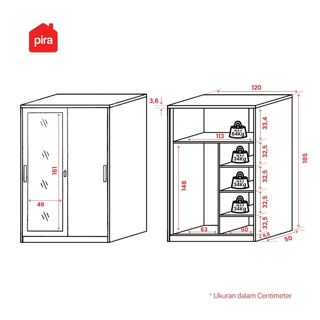 Panduan ukuran PIRA - SAXON 120N MWDSL LEMARI PAKAIAN BESI SLIDING / PINTU GESER warna WHITE - BAVARIAN