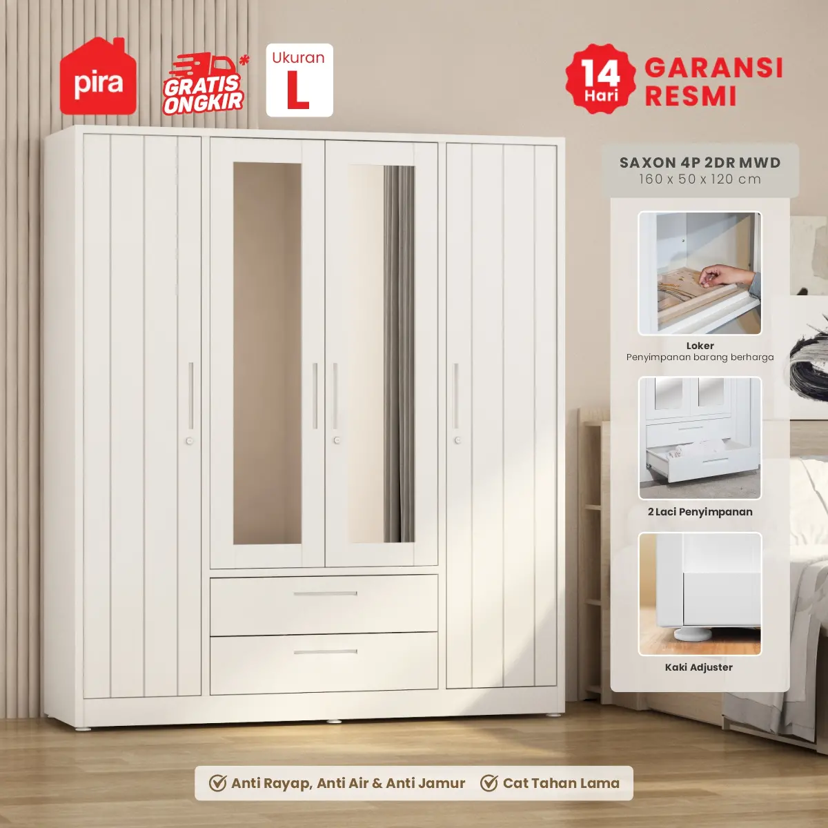 PIRA - SAXON 4P 2DR MWD LEMARI PAKAIAN BESI 4 PINTU / LEMARI BESI JUMBO DENGAN CERMIN DAN 2 LACI warna WHITE - PIRA - foto 1