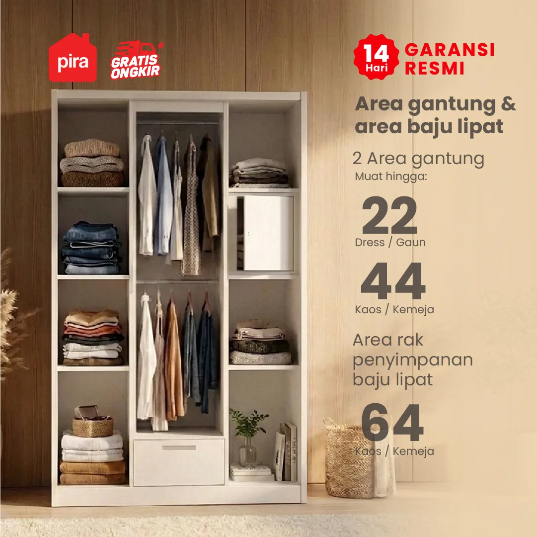PIRA - STEEL A 3A N SSL MWD LEMARI PAKAIAN BESI 3 PINTU SLIDING / PINTU GESER warna WHITE - PIRA - foto 3