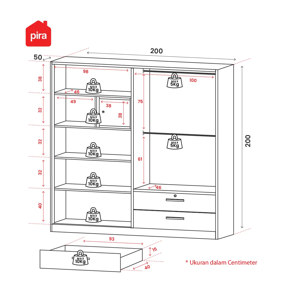 Panduan ukuran PIRA -  STEEL 4P 2BDR MWD LEMARI PAKAIAN BESI 4 PINTU / LEMARI BAJU / LEMARI BESI JUMBO DENGAN 2 LACI DAN RAK DISPLAY warna WHITE - PIRA