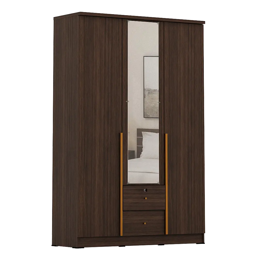 PIRA METROPOLIS - YONA 3P 2DR LEMARI PAKAIAN 3 PINTU DENGAN 2 LACI warna AMERICAN WALNUT - GOLD HAIRLINE - PIRA METROPOLIS - foto 3