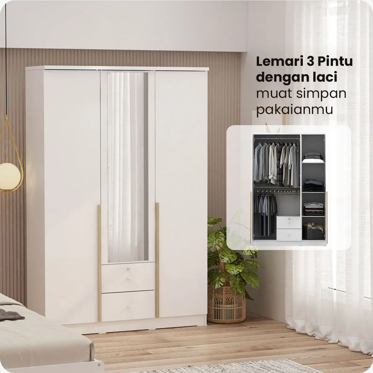 PIRA METROPOLIS -  YONA 3P 2DR LEMARI PAKAIAN 3 PINTU DENGAN 2 LACI warna WHITE - YELLOW OAK - PIRA METROPOLIS - foto 2