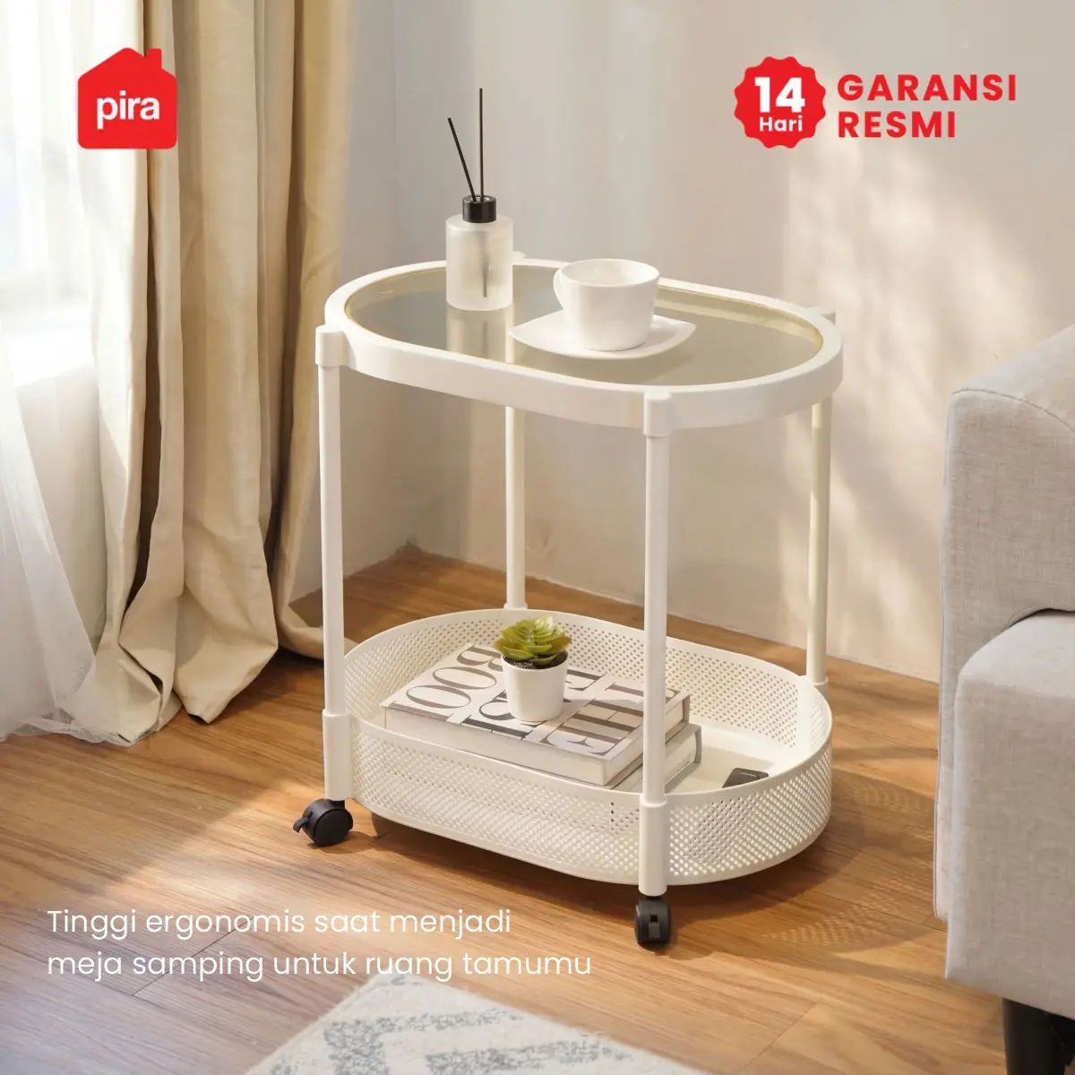 PIRA - ONI OVAL PET SERIES MEJA SAMPING / MEJA NAKAS / MEJA KOPI / MEJA SUDUT / MEJA KECIL DENGAN RODA warna WHITE - PIRA - foto 2