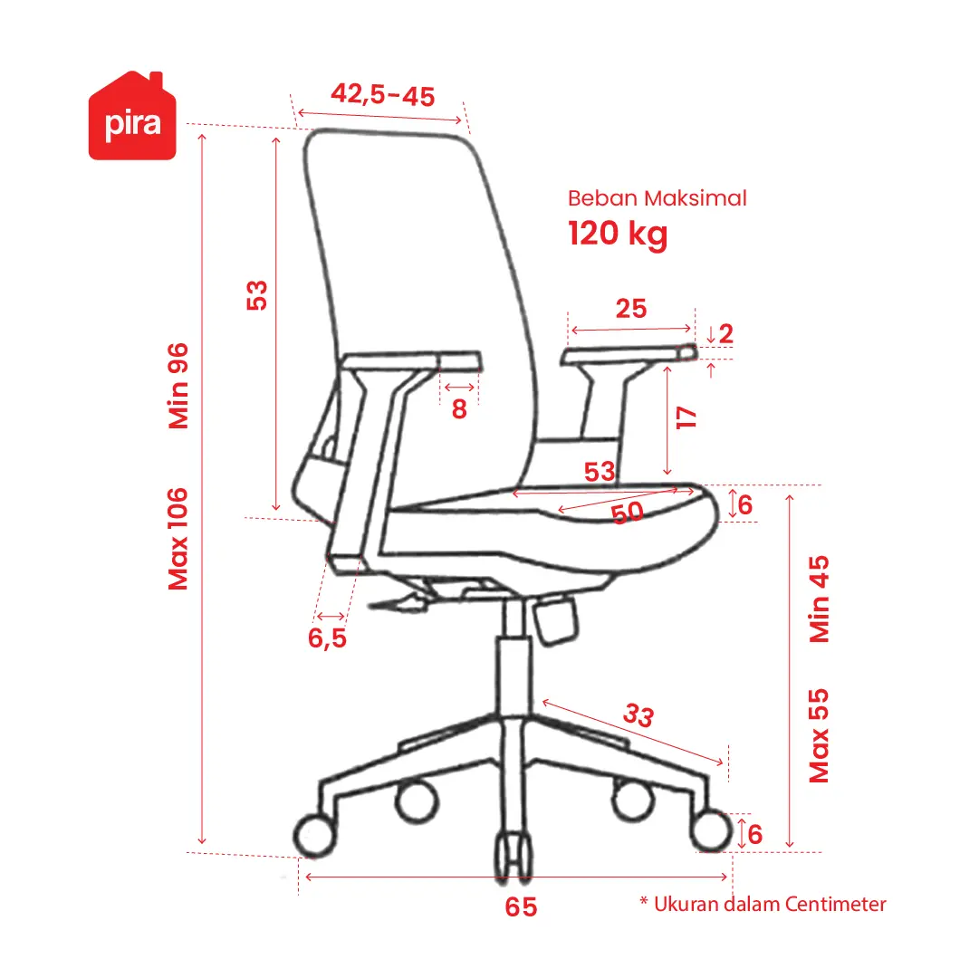 Panduan ukuran WORKDESIGN - AHSOKA EC PR KURSI KANTOR / KURSI KERJA ERGONOMIS DENGAN LUMBAR SUPPORT warna DARK GREY - BLACK - WORKDESIGN