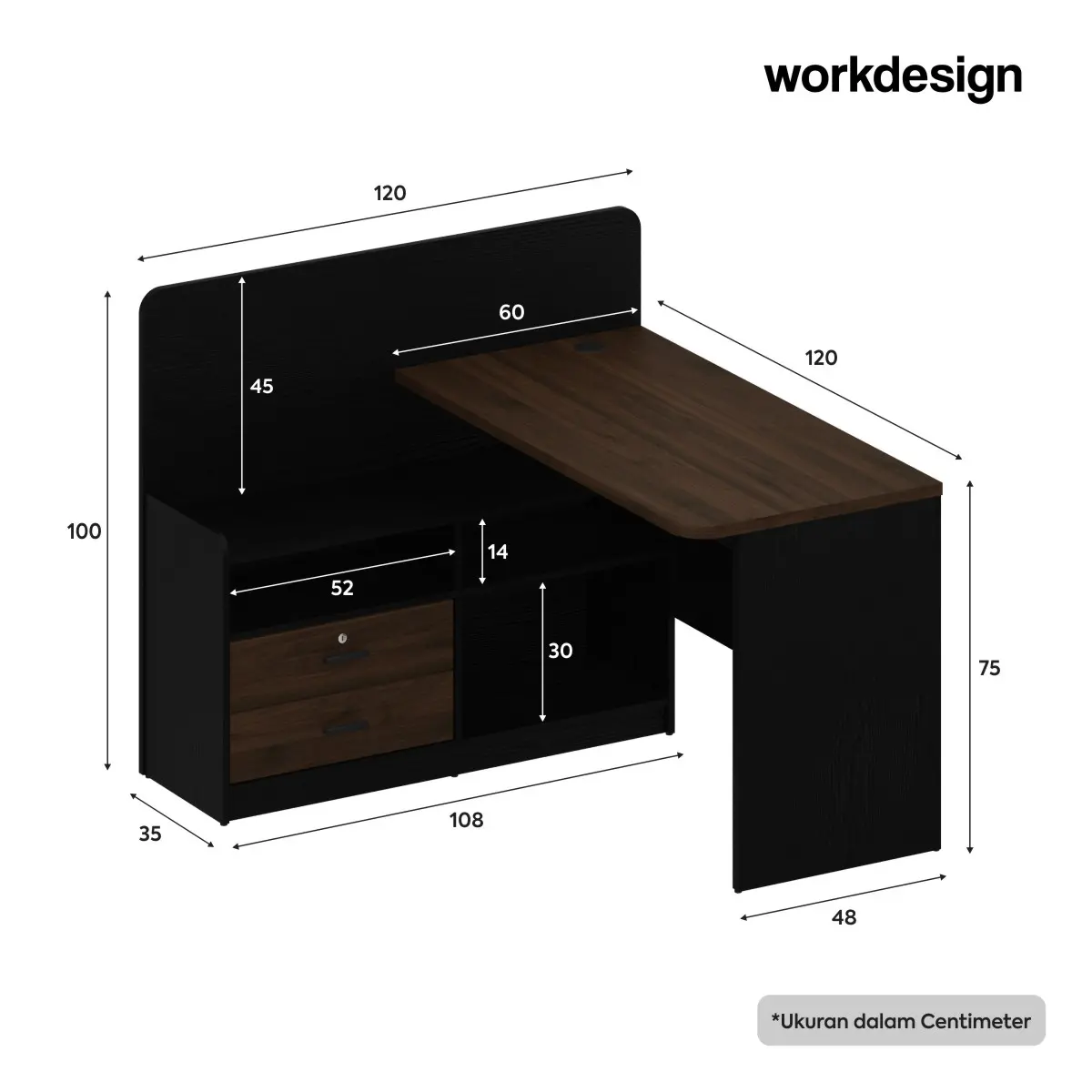 Panduan ukuran WORKDESIGN BURO DK120 MEJA KERJA / MEJA KANTOR / MEJA KERJA SUDUT warna BLACK OAK - WORKDESIGN