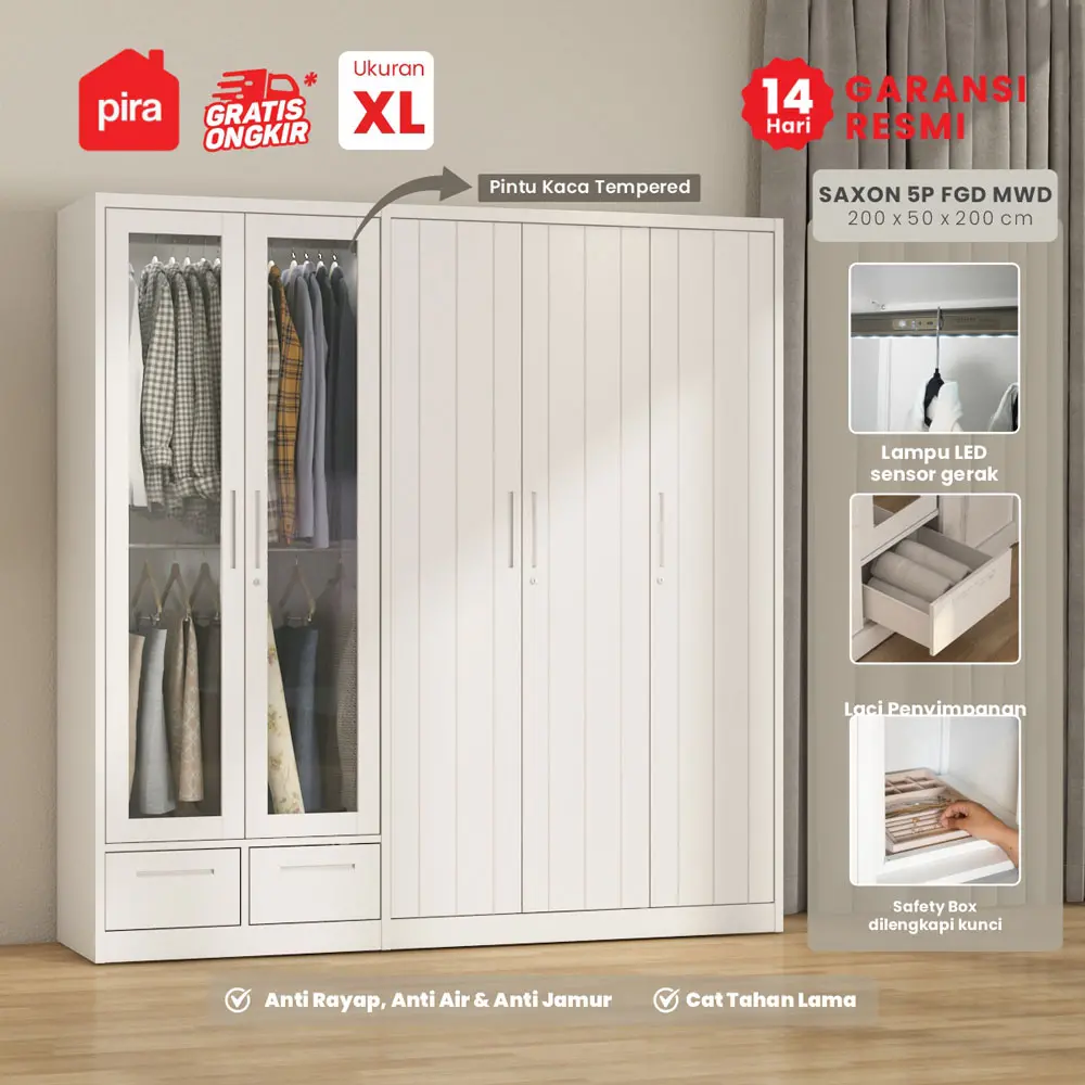 PIRA - SAXON 5P FGD MWD LEMARI PAKAIAN BESI 5 PINTU DENGAN LACI DAN LED warna WHITE - PIRA - foto 1