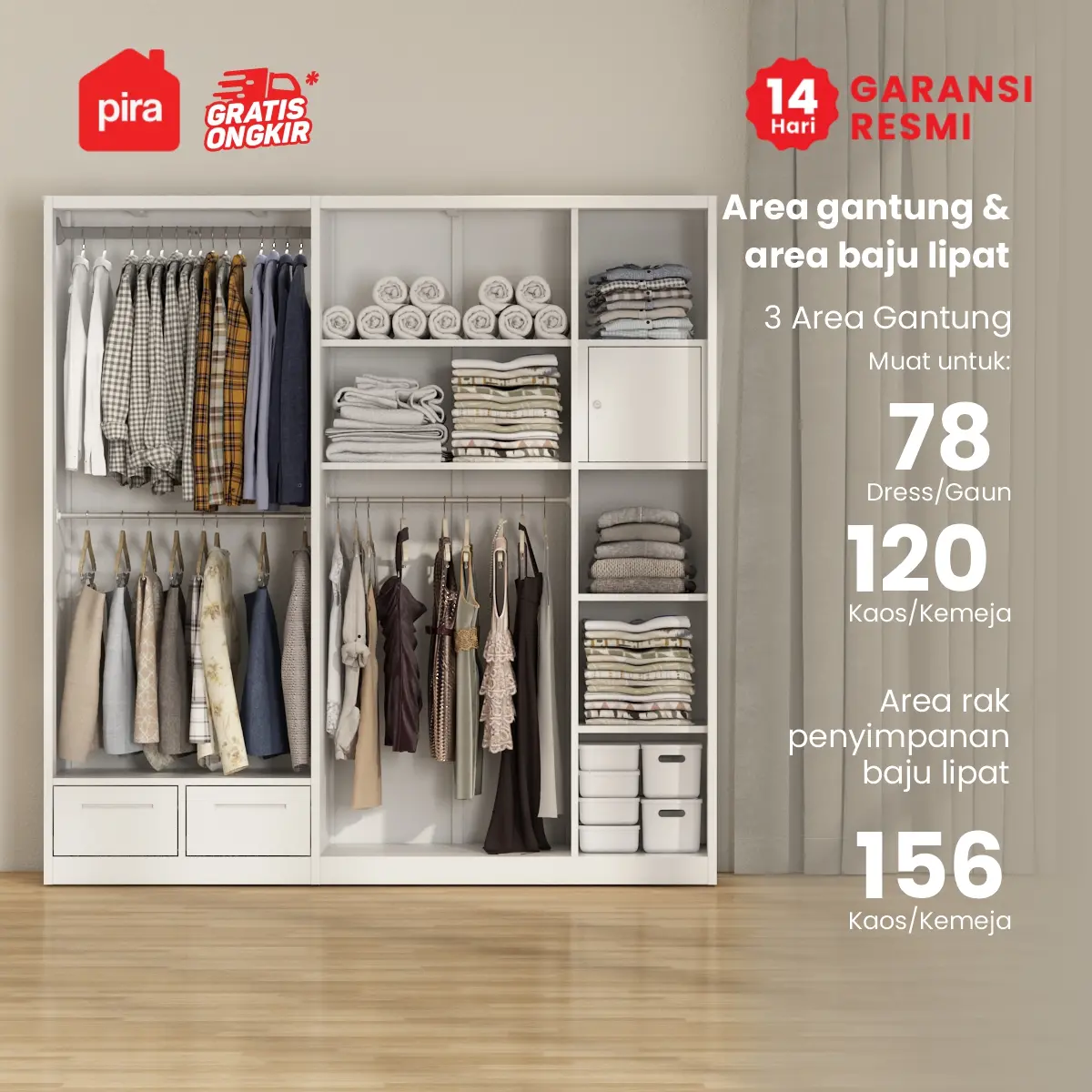 PIRA - SAXON 5P FGD MWD LEMARI PAKAIAN BESI 5 PINTU DENGAN LACI DAN LED warna WHITE - PIRA - foto 3