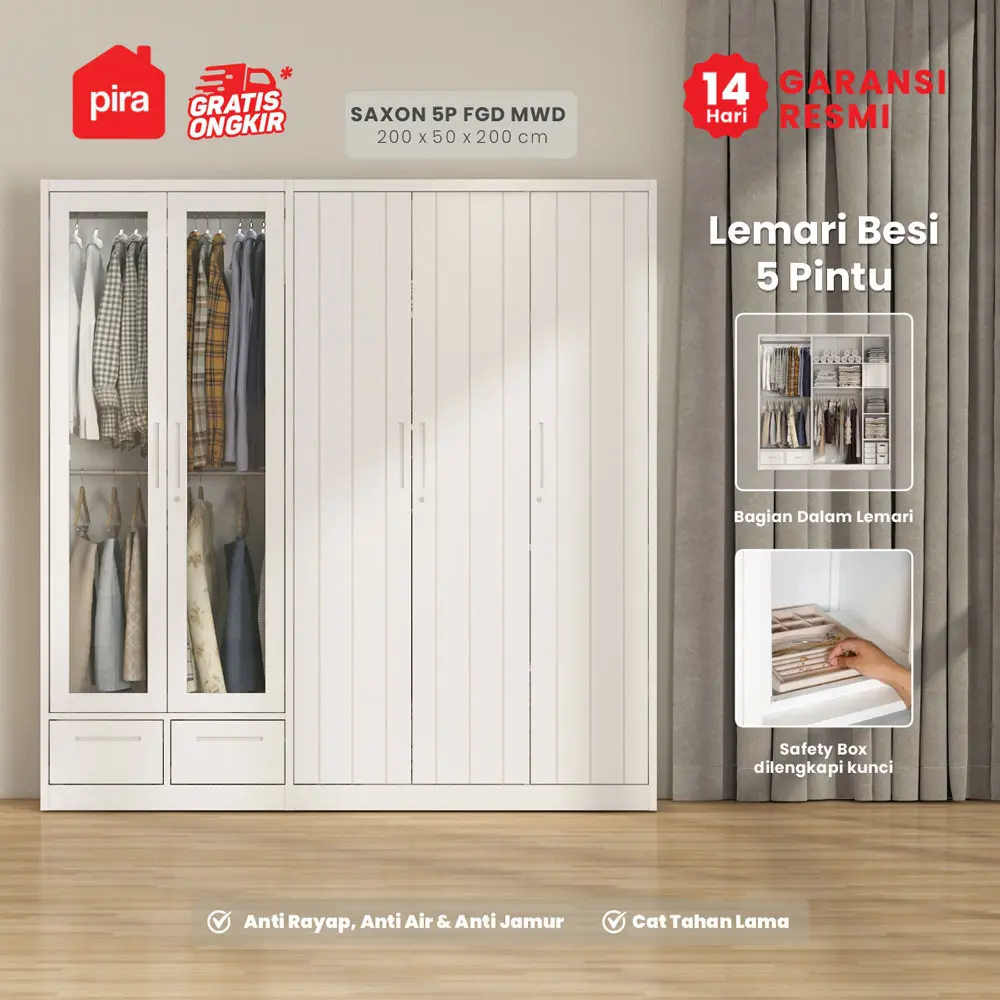 PIRA - SAXON 5P FGD MWD LEMARI PAKAIAN BESI 5 PINTU DENGAN LACI DAN LED warna WHITE - PIRA - foto 2