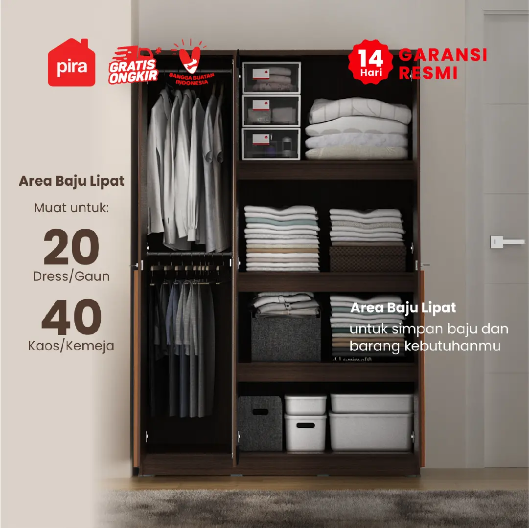 PIRA METROPOLIS -  YONA AVA 3PS LEMARI PAKAIAN 3 PINTU DENGAN LEBIH BANYAK RAK warna AMERICAN WALNUT - GOLD HAIRLINE - PIRA METROPOLIS - foto 2