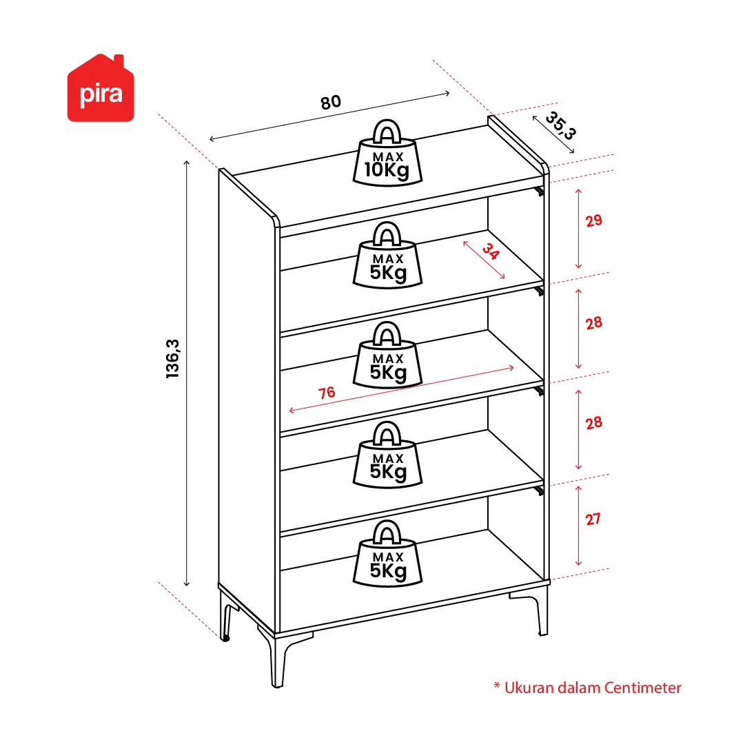 Panduan ukuran PIRA -  NEGI KC80 T5 LEMARI DAPUR / RAK DAPUR / RAK DISPLAY / RAK PAJANGAN / RAK SUSUN SERBAGUNA warna PRO OAK - PIRA