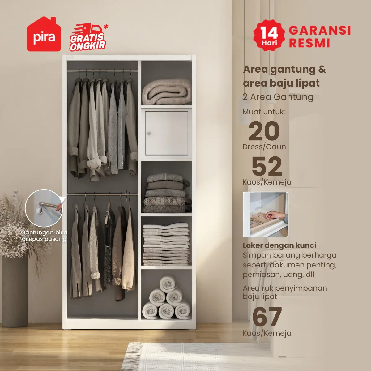 PIRA OX -  RALF 90A MWDSL LEMARI PAKAIAN BESI SLIDING / PINTU GESER warna WHITE - PIRA - foto 3