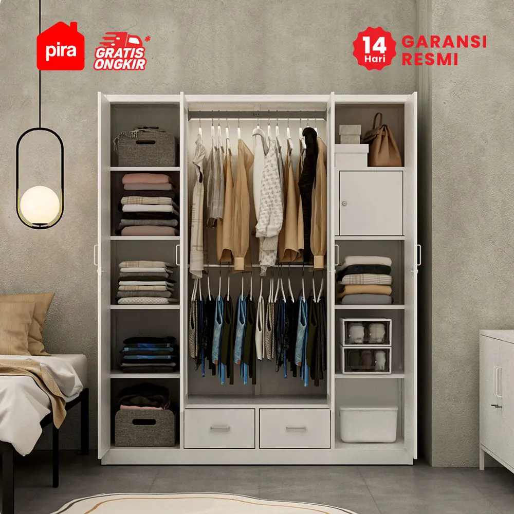 PIRA - LINIO 4P FGD MWD LEMARI PAKAIAN BESI 4 PINTU DENGAN LACI DAN LED warna WHITE - PIRA - foto 3