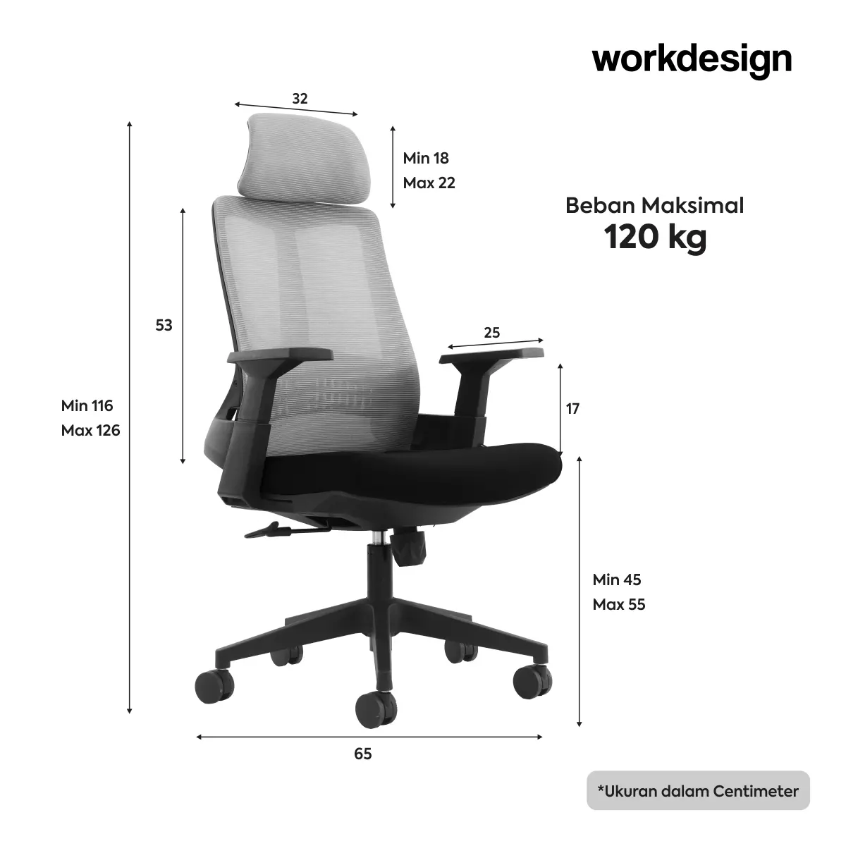 Panduan ukuran WORKDESIGN AHSOKA PC KURSI KANTOR / KURSI KERJA ERGONOMIS DENGAN SANDARAN KEPALA DAN LUMBAR SUPPORT warna DARK GREY - BLACK - WORKDESIGN