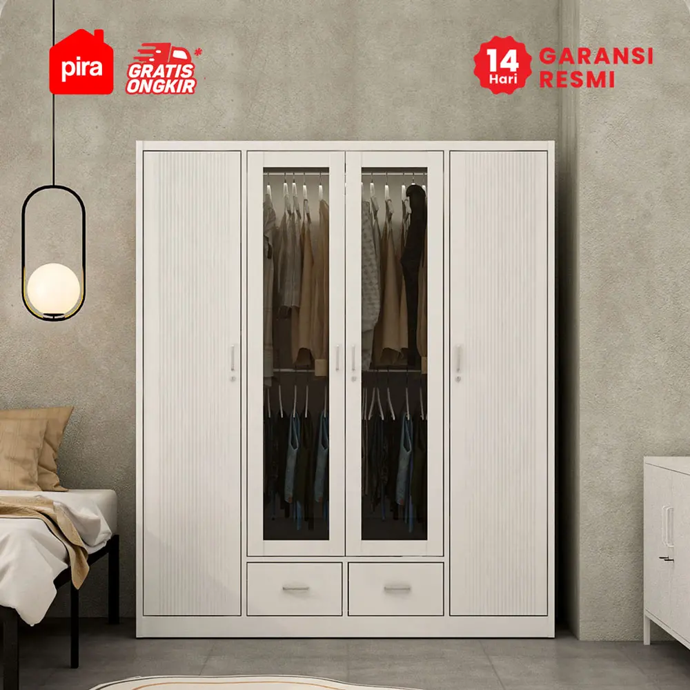 PIRA - LINIO 4P FGD MWD LEMARI PAKAIAN BESI 4 PINTU DENGAN LACI DAN LED warna WHITE - PIRA - foto 2