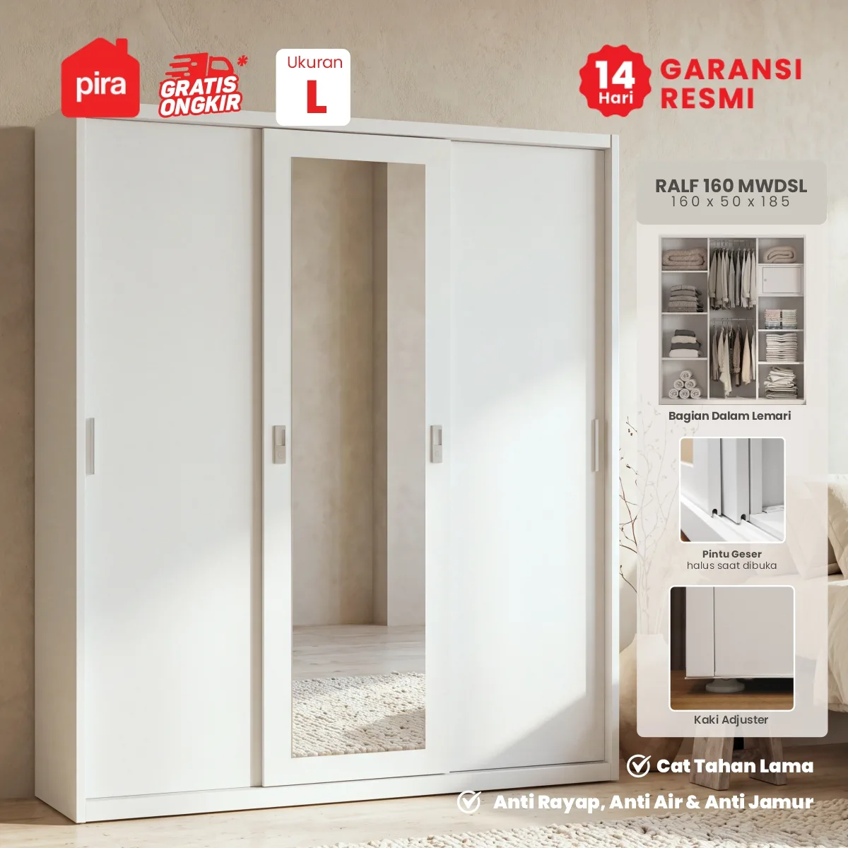 PIRA OX - RALF 160 MWDSL LEMARI PAKAIAN BESI SLIDING / PINTU GESER / LEMARI JUMBO warna WHITE - PIRA - foto 1