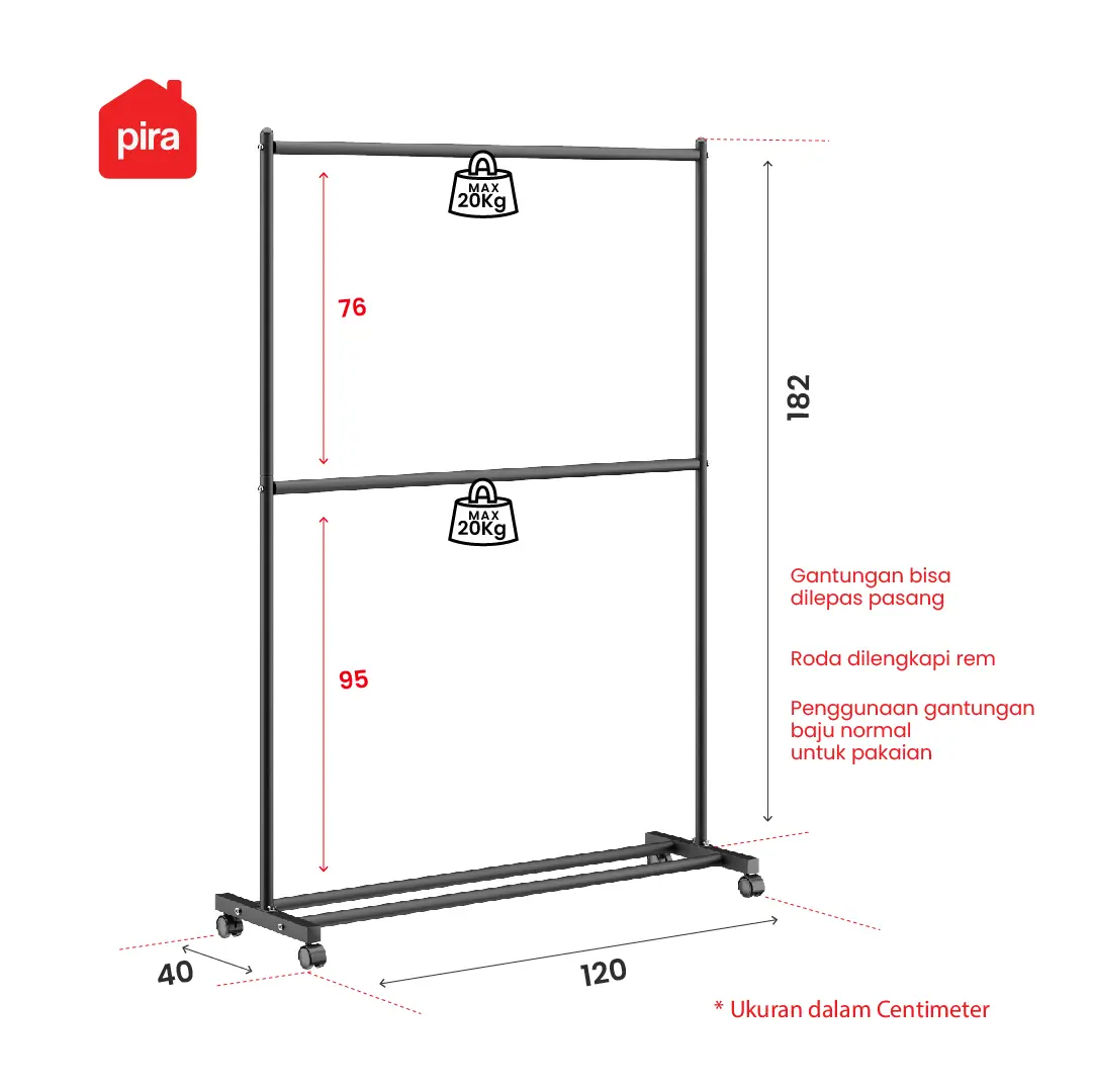 Panduan ukuran PIRA - ATLA CR 121 WRAK GANTUNG BAJU / STAND GANTUNGAN / STAND HANGER / RAK BESI warna WHITE - PIRA