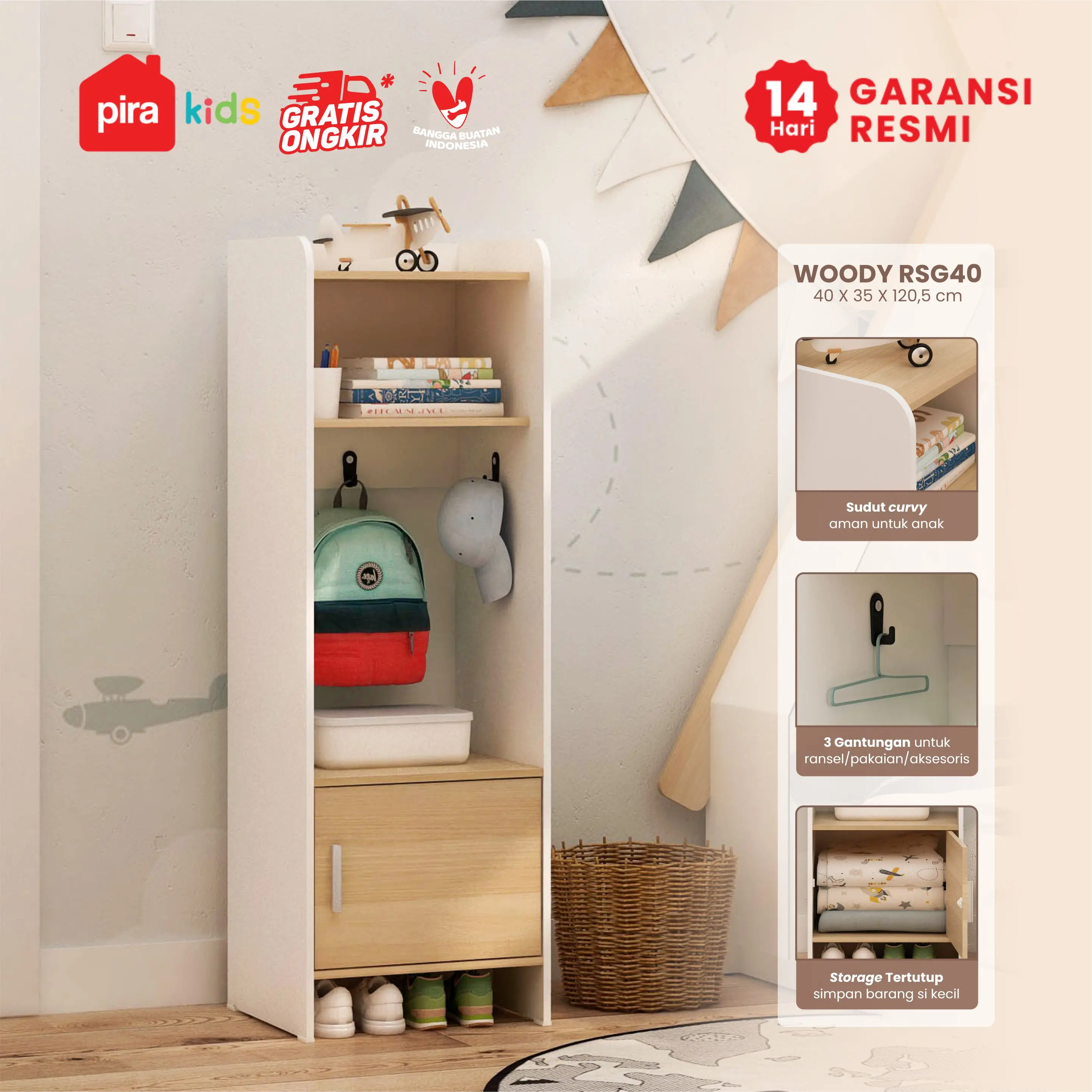 PIRA KIDS - WOODY RSG40 RAK SERBAGUNA / TEMPAT PENYIMPANAN MAINAN ANAK warna WHITE SM - PRO OAK - PIRA KIDS - foto 1