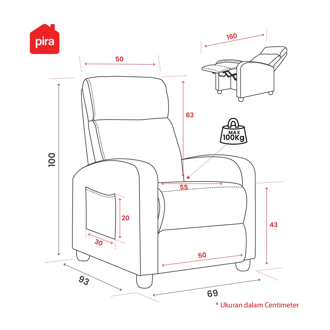 Panduan ukuran PIRA - DERBY 1 RS L SOFA / SOFA RECLINER / PUSH BACK RECLINER SOFA 1 SEATER warna BEIGE - PIRA