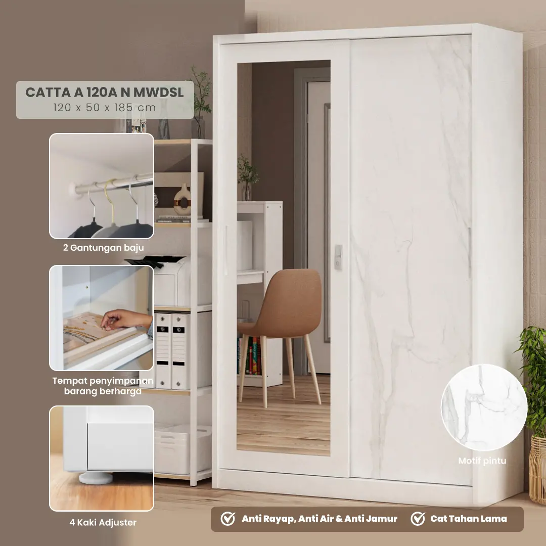 PIRA - CATTA A 120A N MWDSL LEMARI PAKAIAN BESI SLIDING / PINTU GESER warna LIGHT MARBLE - WHITE - PIRA - foto 1