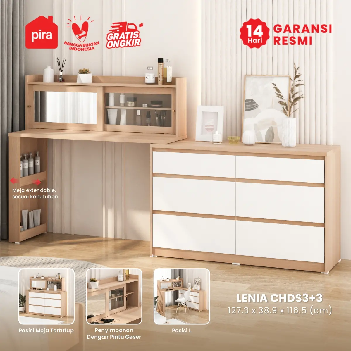 PIRA METROPOLIS -  LENIA CHDS3+3 LEMARI LACI / MEJA RIAS / LEMARI SUSUN DENGAN MEJA RIAS warna PRO OAK - WHITE - PIRA METROPOLIS - foto 1