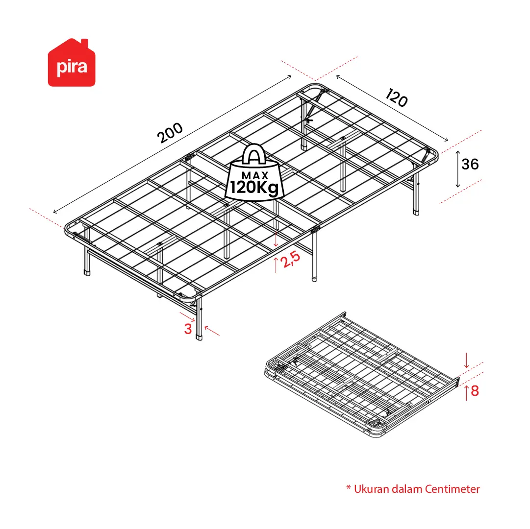 Panduan ukuran PIRA - BASE FOLDING MBD120 DIPAN BESI / RANJANG / TEMPAT TIDUR BESI warna BLACK - PIRA