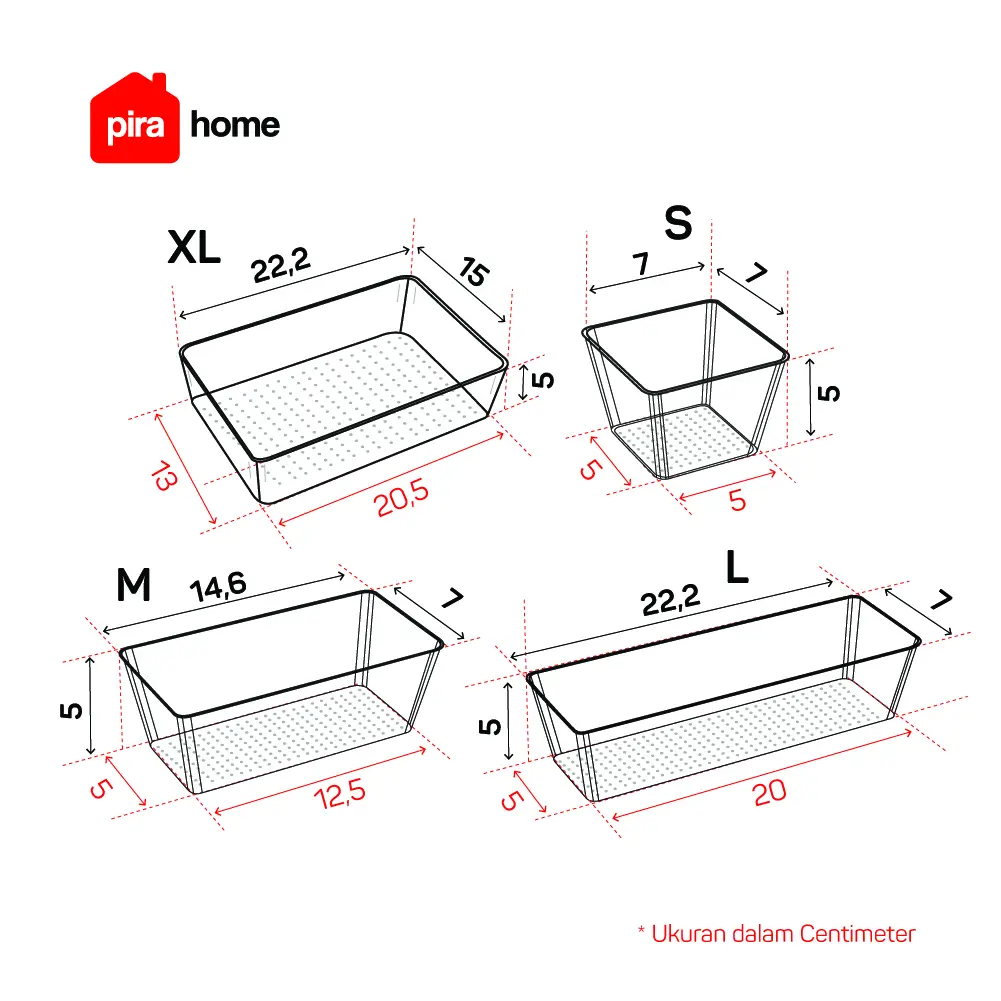 Panduan ukuran PIRA HOME -  SHITA DRAWER7 PO ORGANIZER LACI BENING / SEKAT LACI TRANSPARAN ISI 7 PCS warna CLEAR - PIRA HOME