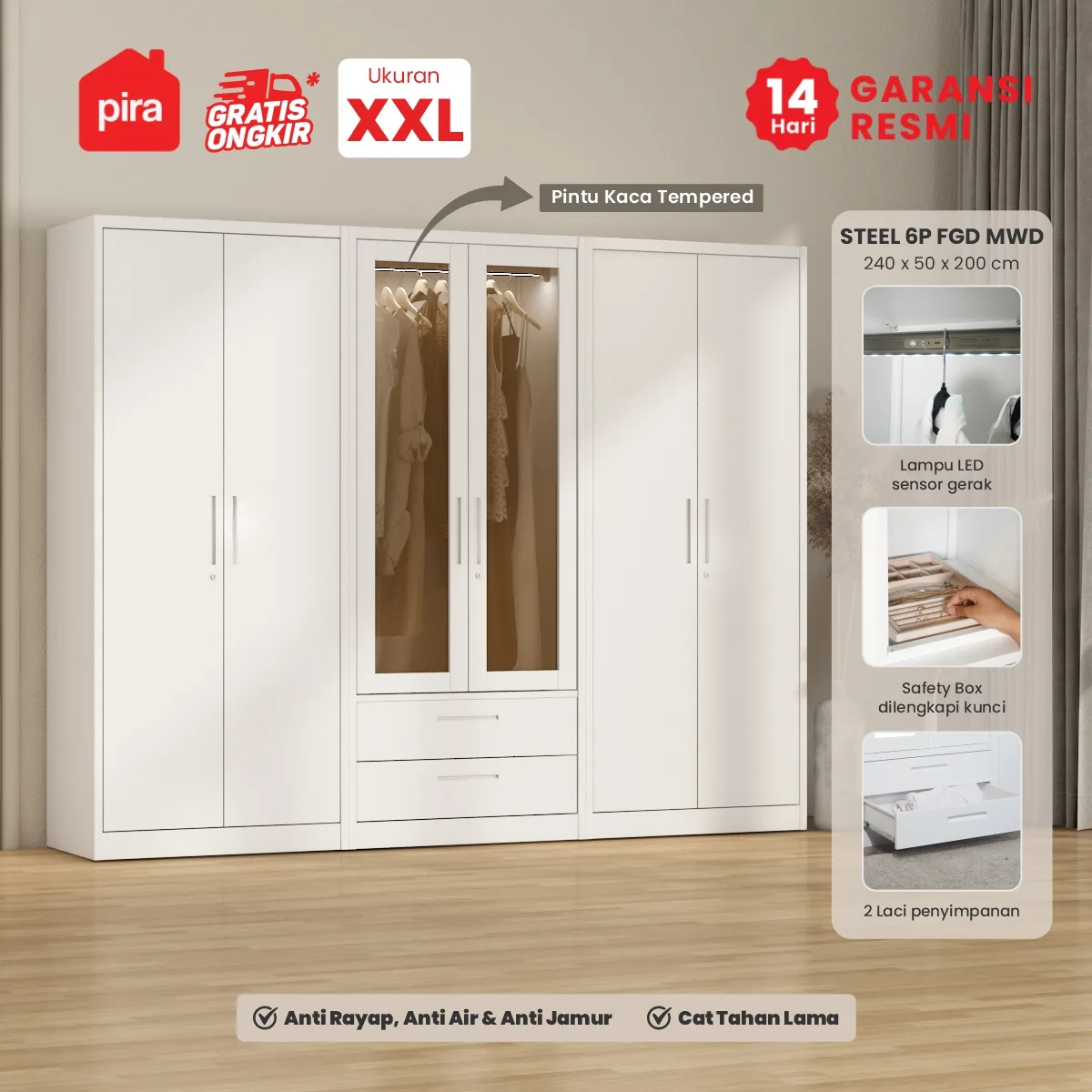 PIRA -  STEEL 6P FGD MWD LEMARI PAKAIAN BESI 6 PINTU DENGAN LACI DAN LED warna WHITE - PIRA - foto 1