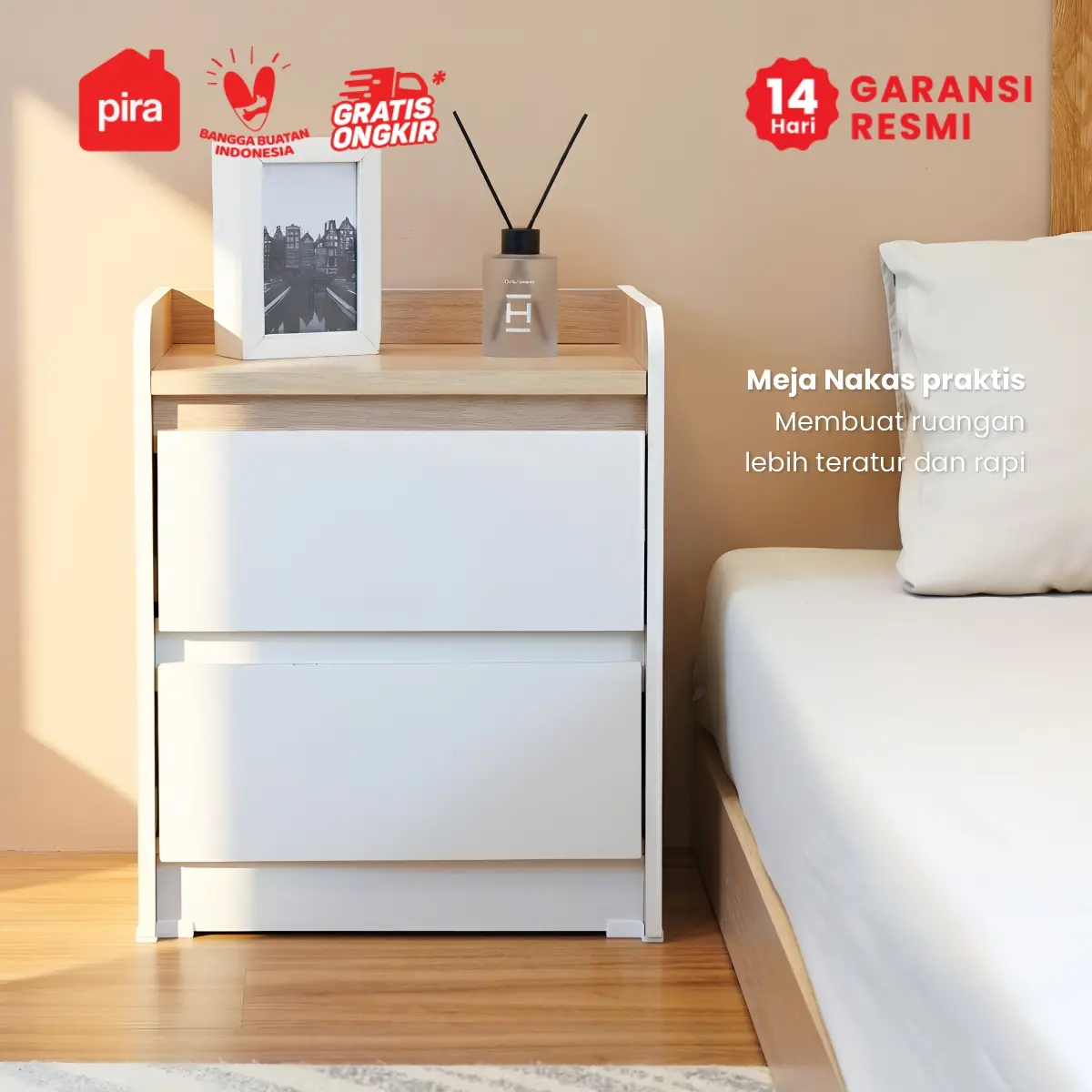 PIRA METROPOLIS -  NILS NS40 MEJA NAKAS / MEJA SUDUT / MEJA SAMPING / LEMARI LACI 2 SUSUN warna WHITE - PRO OAK - PIRA METROPOLIS - foto 2