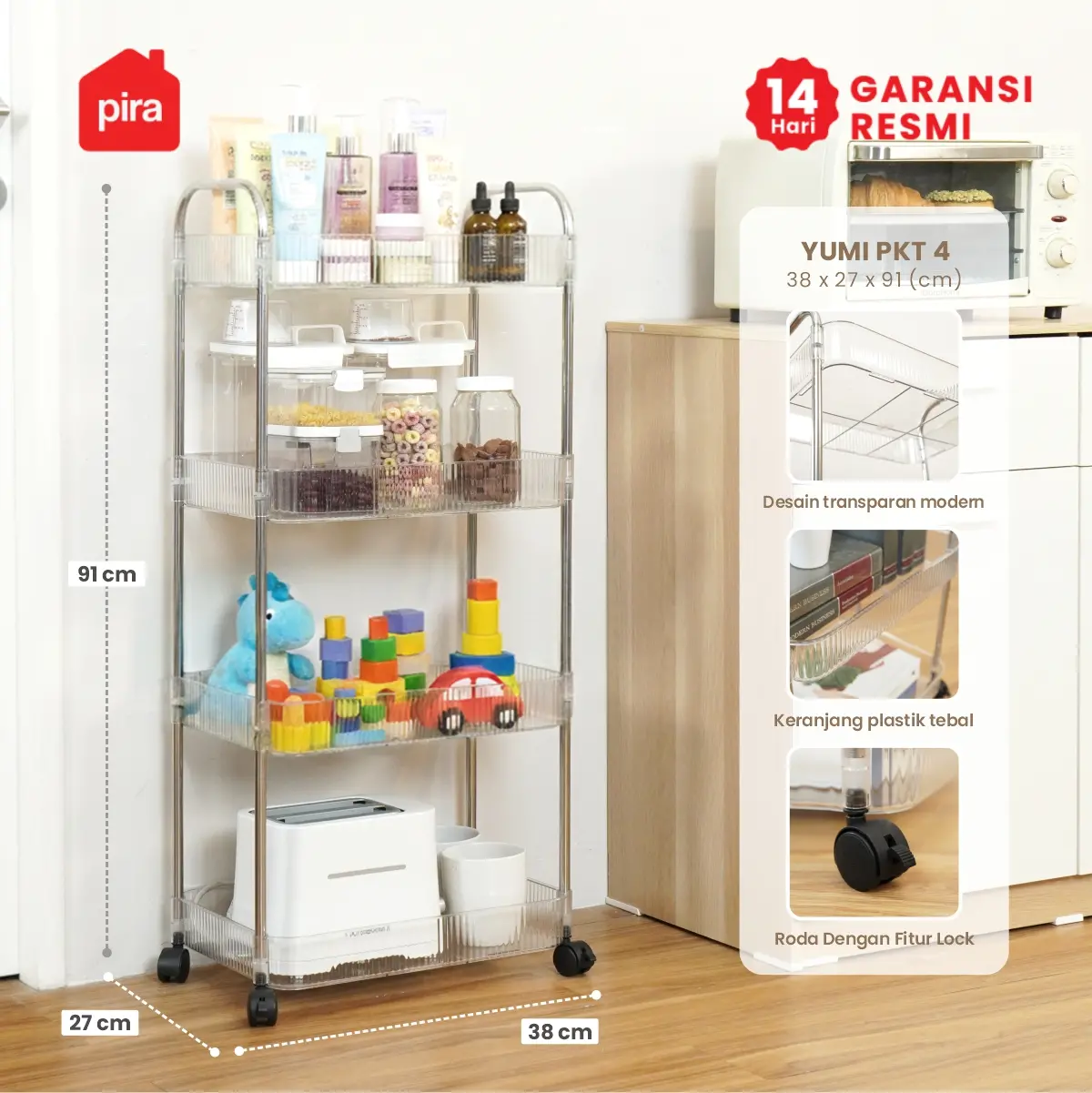 PIRA - YUMI PKT RAK TROLI / RAK PENYIMPANAN / RAK SERBAGUNA / RAK SUSUN / RAK PLASTIK 3/4 SUSUN DENGAN RODA warna CLEAR - PIRA - foto 1