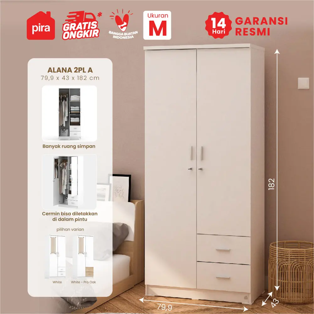 PIRA METROPOLIS - ALANA 2PL A LEMARI PAKAIAN 2 PINTU warna WHITE - PIRA METROPOLIS - foto 1