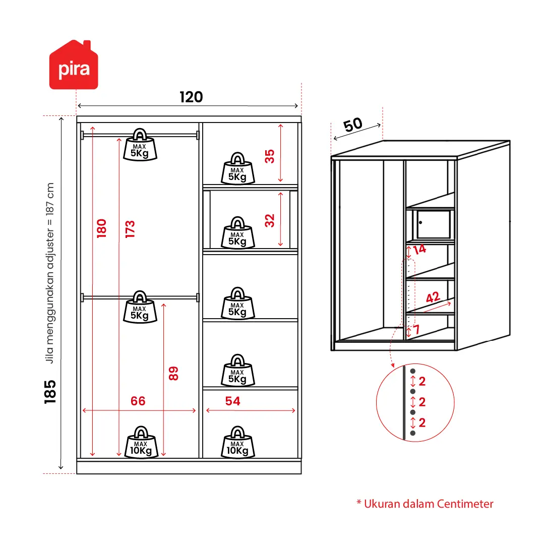 Panduan ukuran PIRA -  SCHON AVA 120 MWDSL LEMARI PAKAIAN BESI SLIDING / PINTU GESER warna WHITE - PIRA