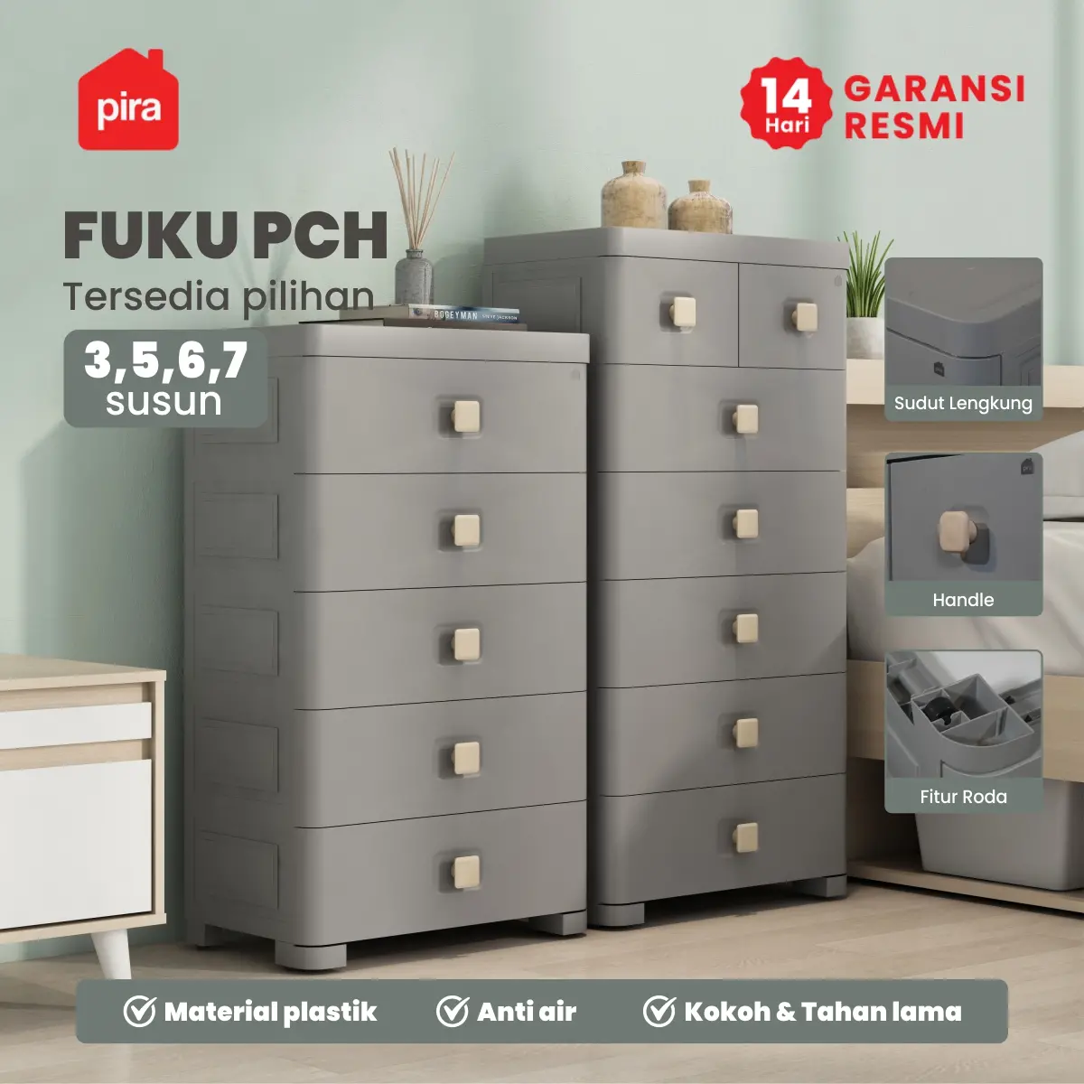 PIRA METROPOLIS - FUKU PCH6 LEMARI LACI / LACI PLASTIK / LEMARI SUSUN PLASTIK / LEMARI BAYI / LEMARI PAKAIAN ANAK warna GREY - PIRA METROPOLIS - foto 2