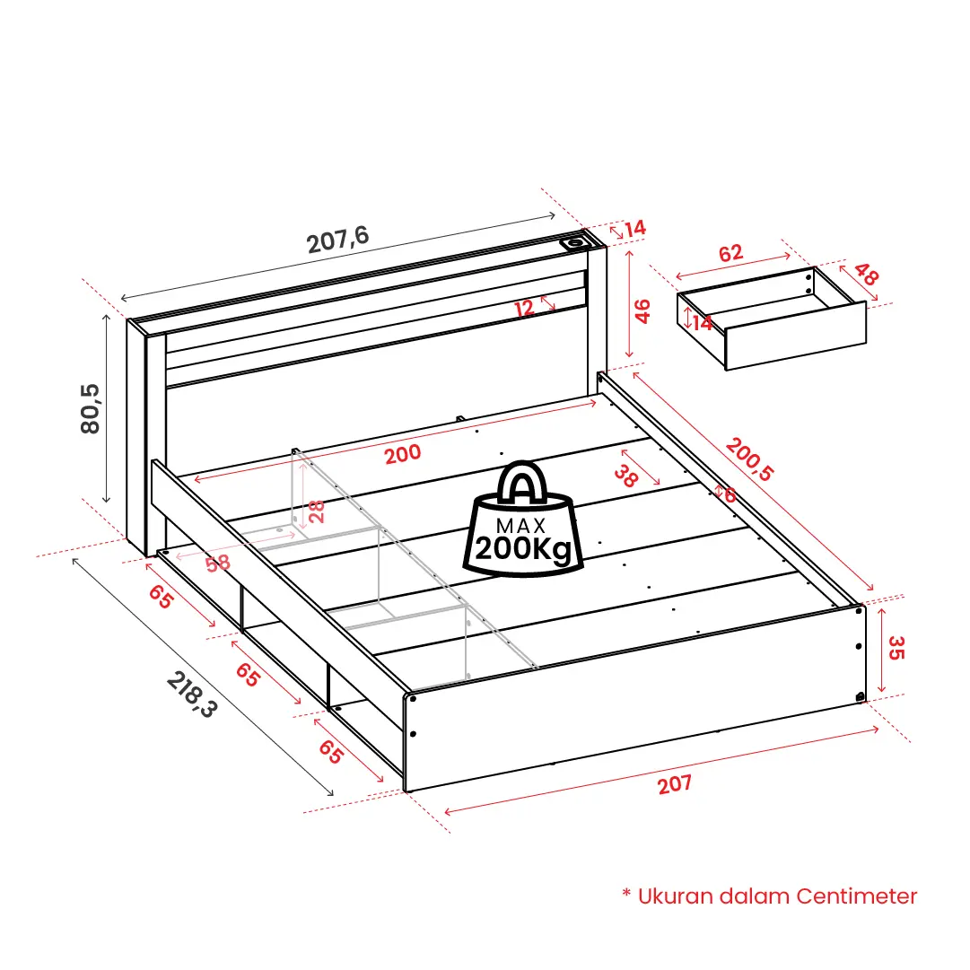 Panduan ukuran PIRA -  SAMARA BD200 DIPAN / RANJANG / TEMPAT TIDUR DENGAN LACI PENYIMPANAN DAN LED warna PRO OAK - PIRA