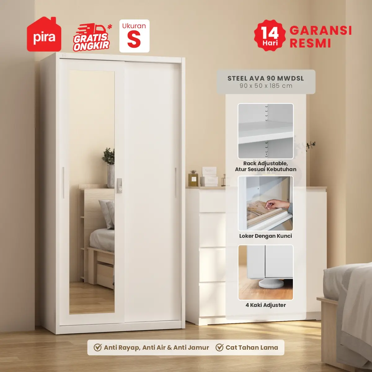 PIRA - STEEL AVA 90 MWDSL LEMARI PAKAIAN BESI SLIDING / PINTU GESER warna WHITE - PIRA - foto 1