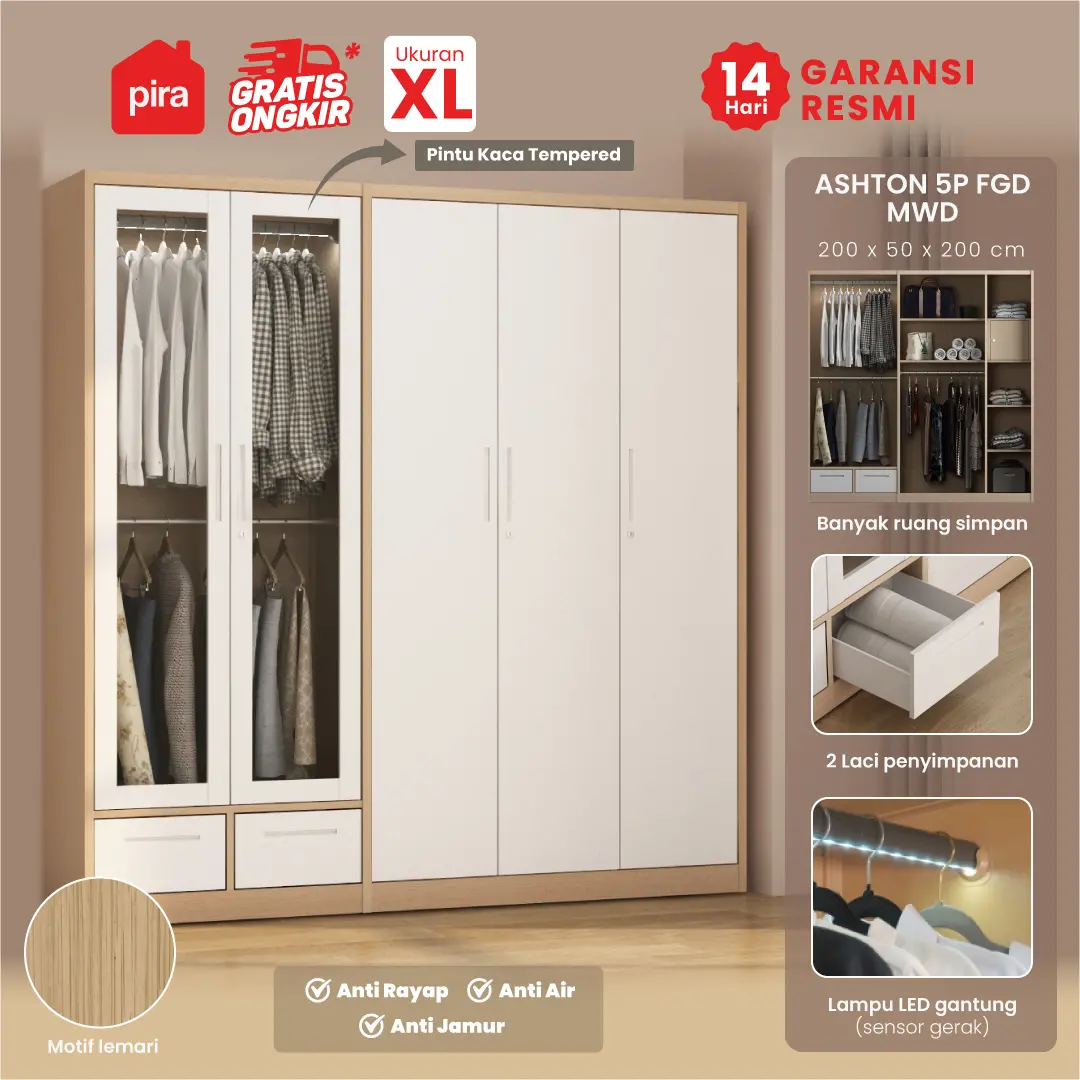 PIRA -  ASHTON 5P FGD MWD LEMARI PAKAIAN BESI 5 PINTU DENGAN LACI DAN LED warna LIGHT ASH - WHITE - PIRA - foto 1