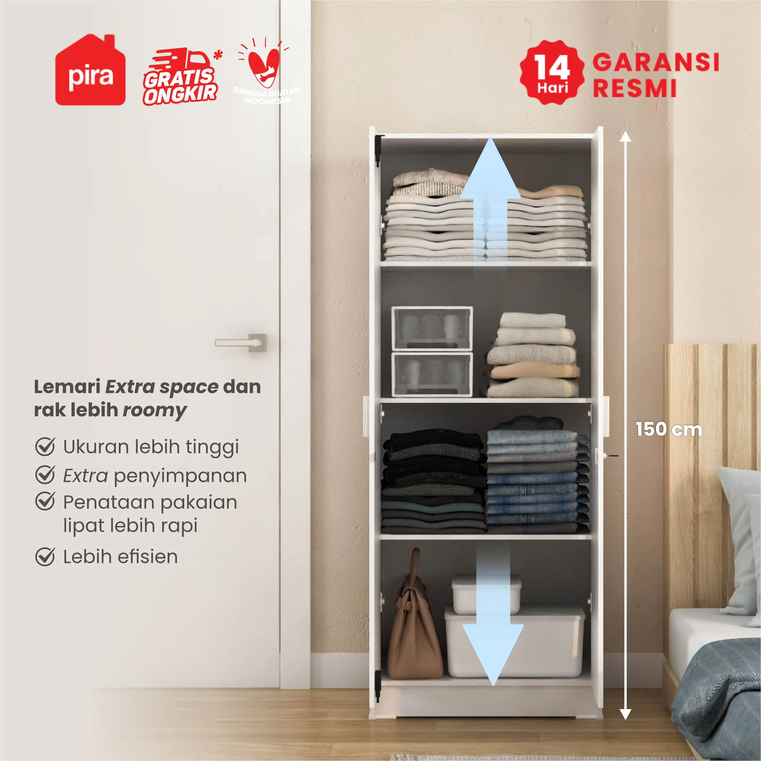 PIRA METROPOLIS -  ARUNA BLS60 M LEMARI PAKAIAN MEDIUM 2 PINTU FULL RAK / LEMARI BAJU warna WHITE - PIRA METROPOLIS OX - foto 3