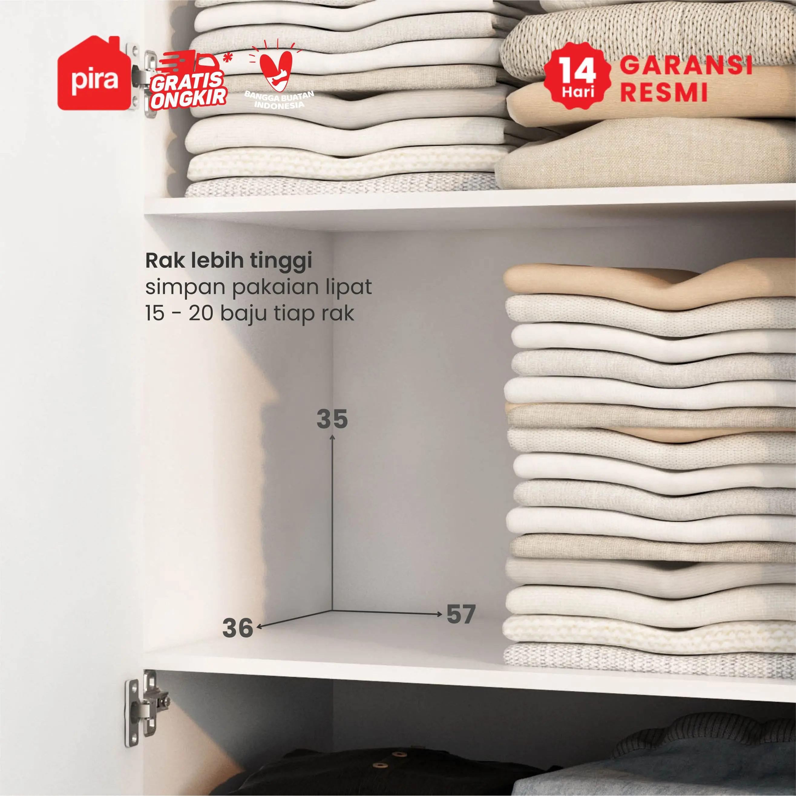 PIRA METROPOLIS -  ARUNA BLS60 M LEMARI PAKAIAN MEDIUM 2 PINTU FULL RAK / LEMARI BAJU warna WHITE - PIRA METROPOLIS OX - foto 5