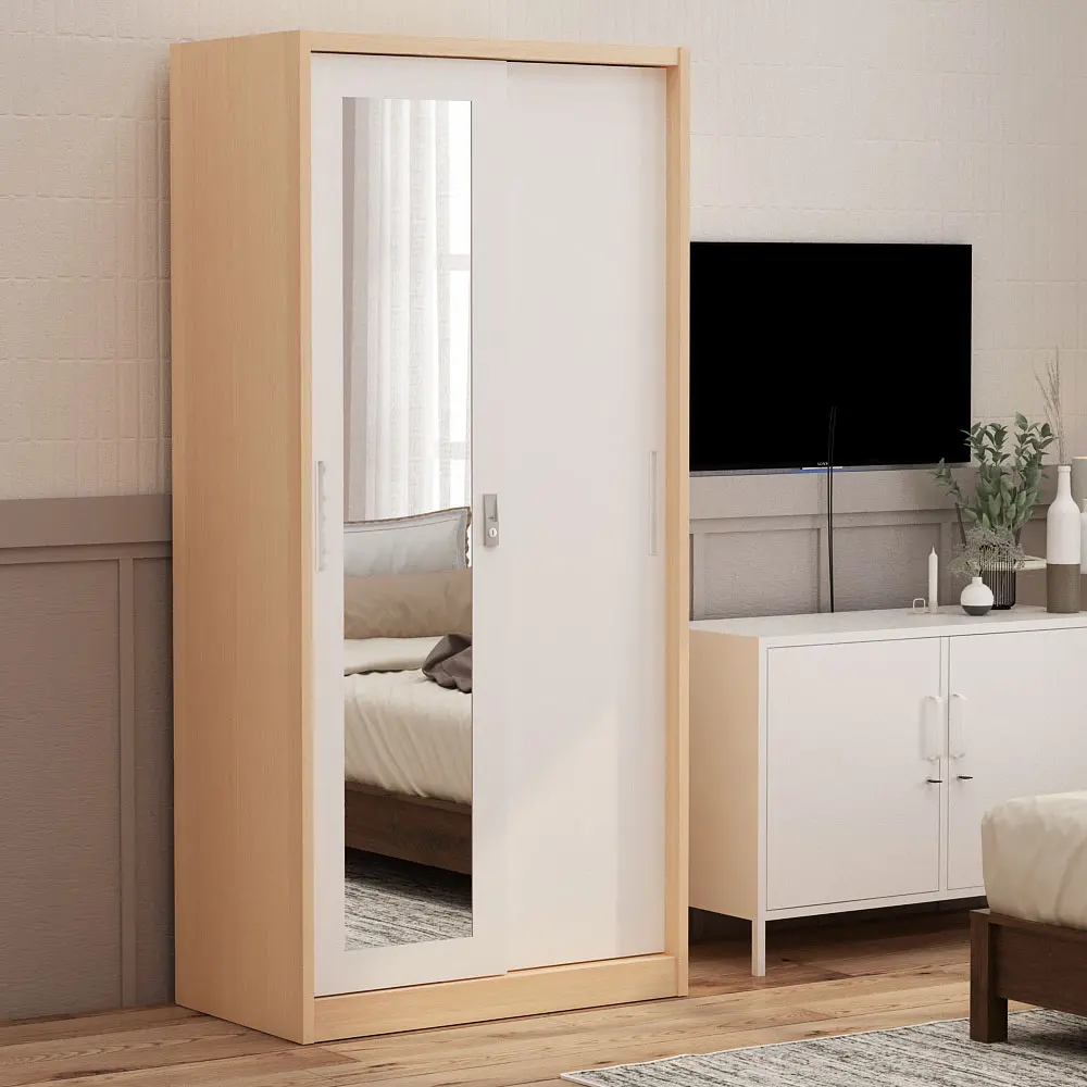 PIRA - ASHTON 90 MWDSL LEMARI PAKAIAN BESI SLIDING / GESER MOTIF KAYU warna LIGHT ASH - WHITE - PIRA - foto 2