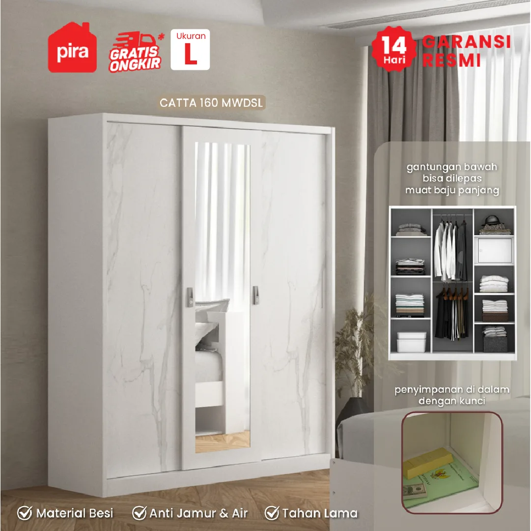 PIRA - CATTA 160 MWDSL LEMARI PAKAIAN BESI SLIDING / PINTU GESER warna LIGHT MARBLE - WHITE - PIRA - foto 1