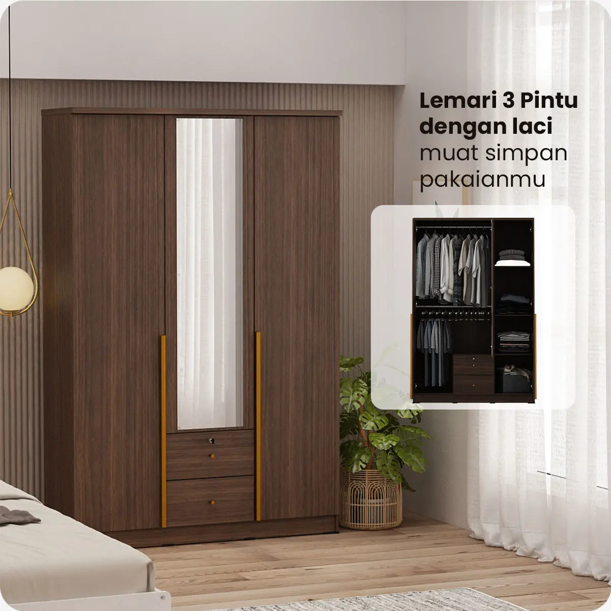 PIRA METROPOLIS - YONA 3P 2DR LEMARI PAKAIAN 3 PINTU DENGAN 2 LACI warna AMERICAN WALNUT - GOLD HAIRLINE - PIRA METROPOLIS - foto 2