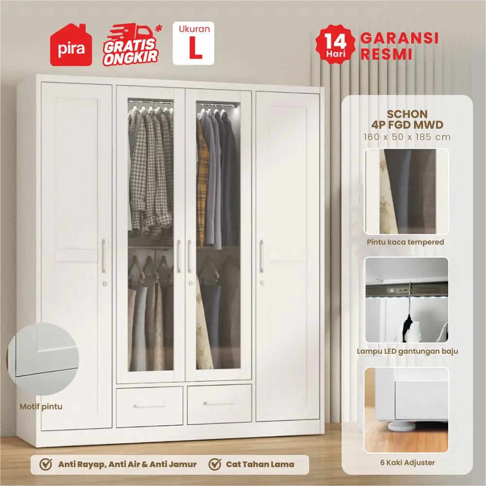 PIRA - SCHON 4P FGD MWD LEMARI PAKAIAN BESI 4 PINTU DENGAN LACI DAN LED warna WHITE - PIRA - foto 1